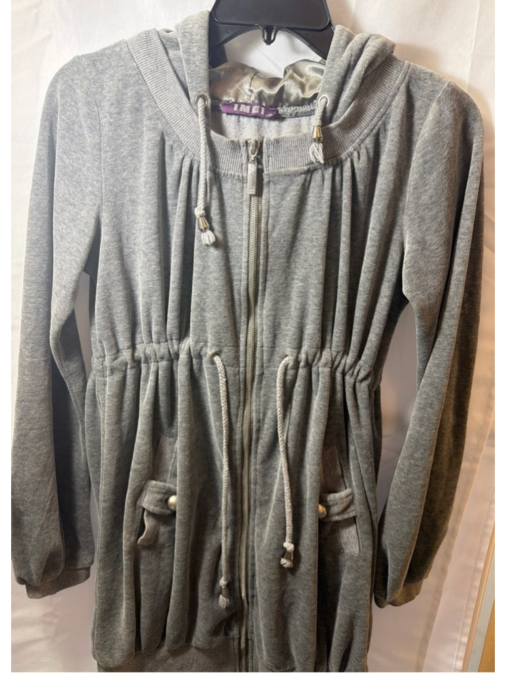 Women's IMEI Gray Velour Full-Zip Anorak Hoodie L/XL Athleisure Drawstring Waist - Picture 2 of 8